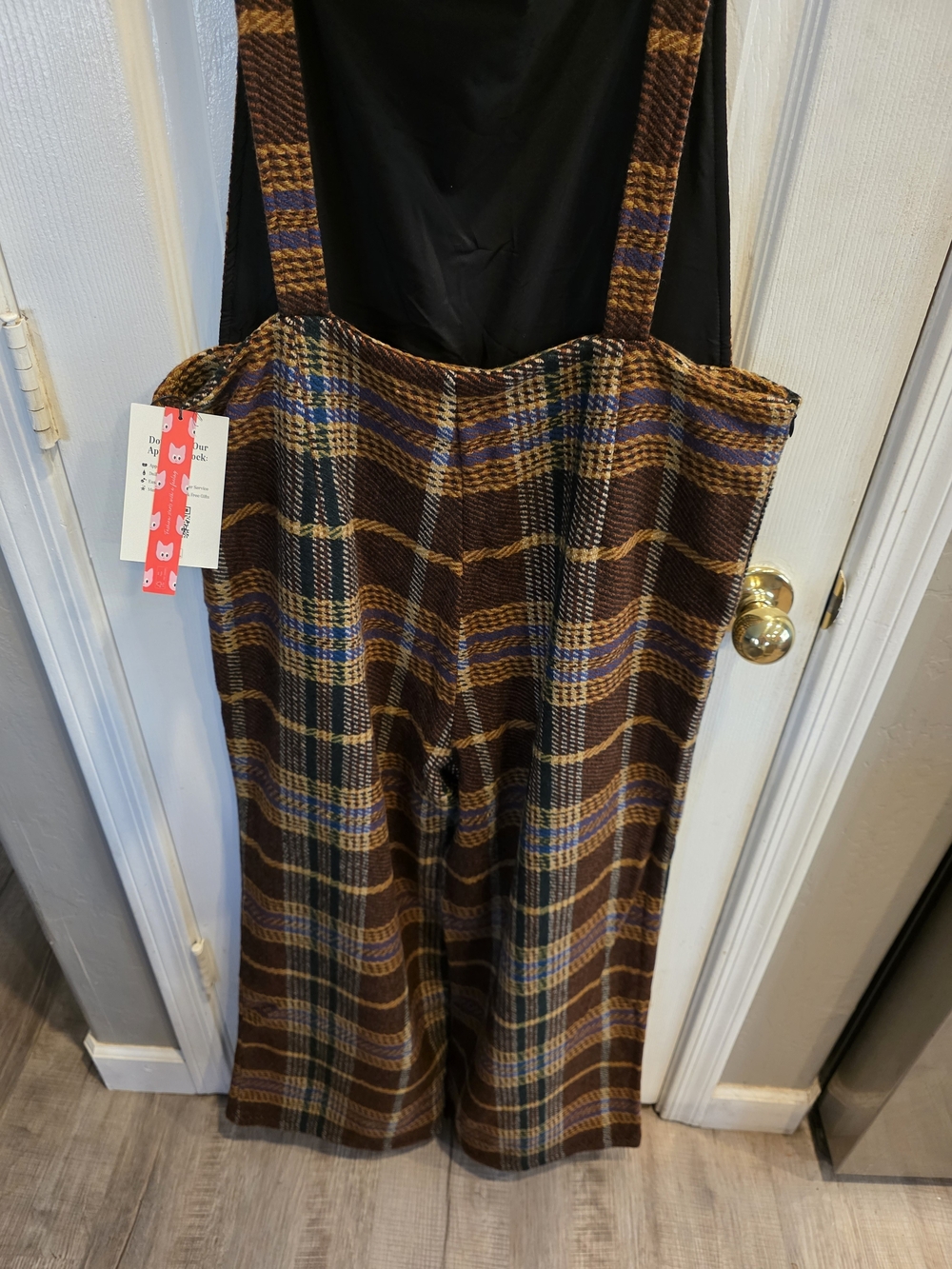 Cider Brown Plaid Cropped Overall Jumpsuit with Blue & Gold Accents - Picture 5 of 7